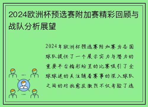 2024欧洲杯预选赛附加赛精彩回顾与战队分析展望