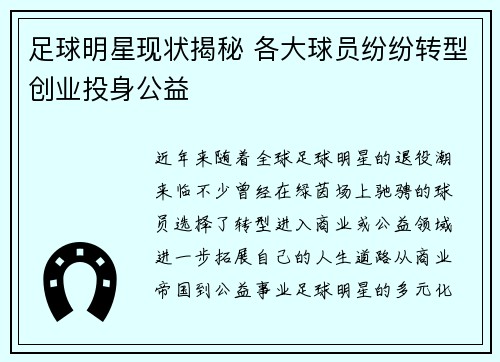 足球明星现状揭秘 各大球员纷纷转型创业投身公益